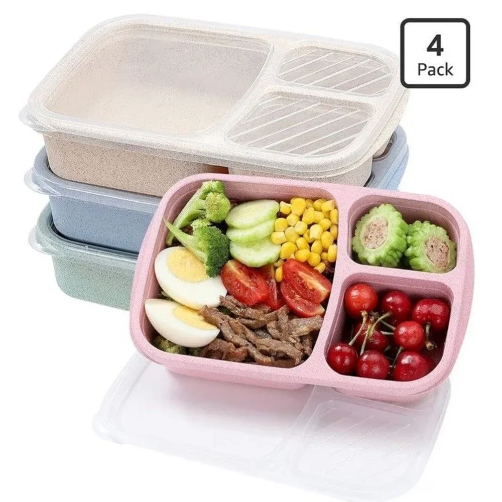 4 Pack Bento Lunch Box Set 3 Compartment Wheat Straw Meal Prep Food Storage Cont